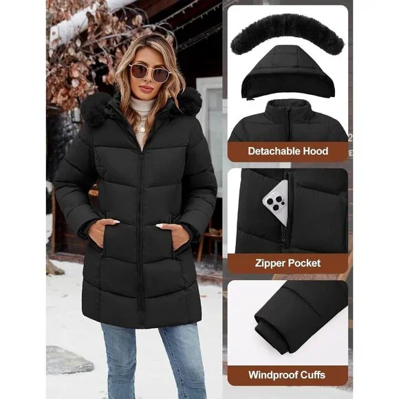 Women's Winter Warm Puffer Coat Thicken Parka Jacket with Removable Fur Hood, Wa